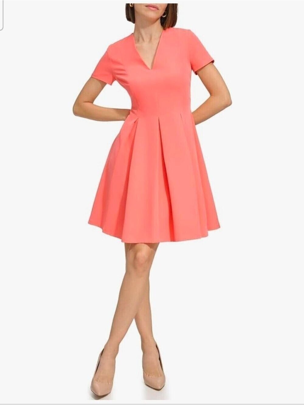 NWT Size 14 Tommy Hilfiger Coral Fit and Flare V-Neck Dress Above the Knee